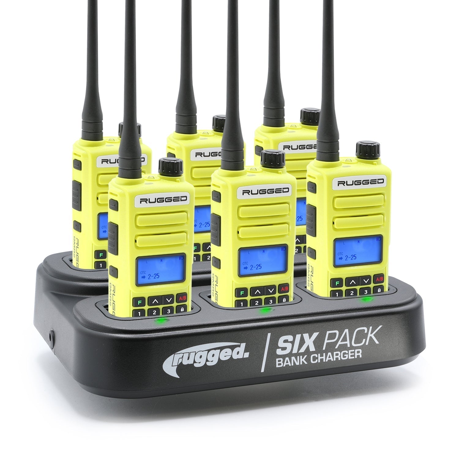 6 Pack - Rugged GMR2 PLUS - GMRS and FRS Two Way Handheld Radios with Bank Charger - Safety Yellow