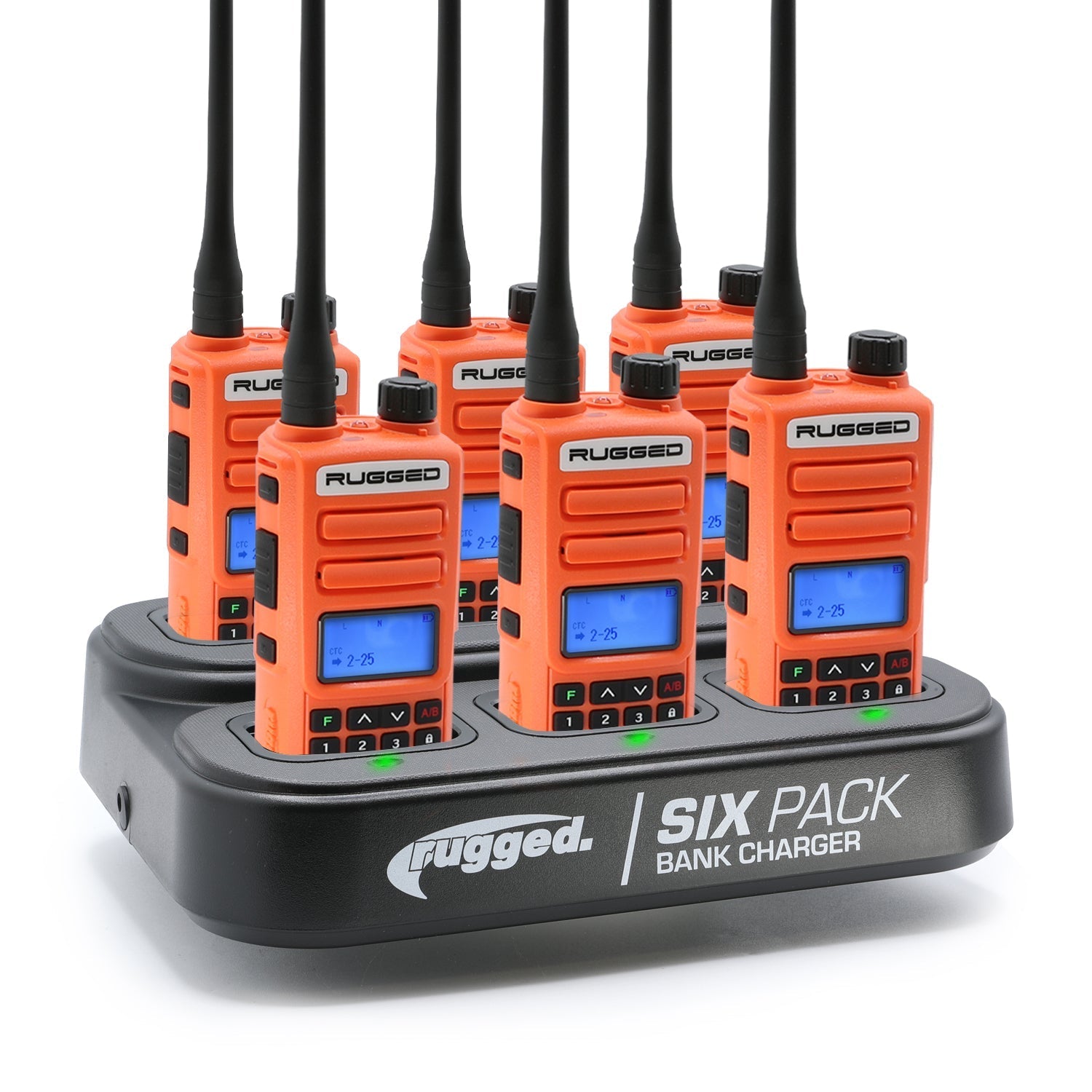 6 Pack - Rugged GMR2 PLUS - GMRS and FRS Two Way Handheld Radios with Bank Charger - Safety Orange