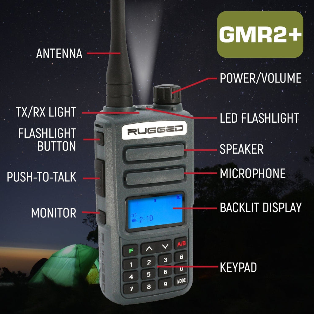 Great Outdoors Pack - Rugged GMR2 PLUS - GMRS and FRS Two Way Handheld Radios with Accessories